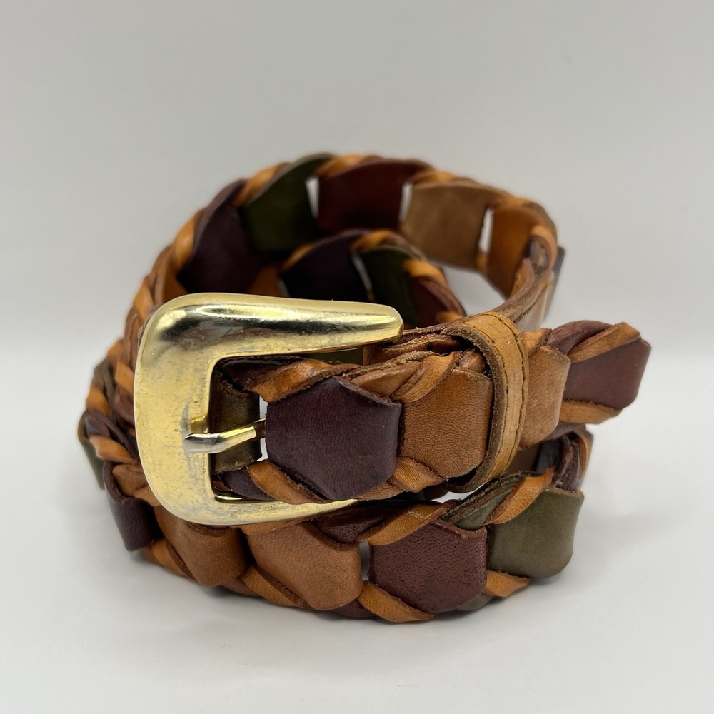 Woven Leather Belt Multicolor Patchwork L Gold Tone Buckle Boho Western‎ Retro